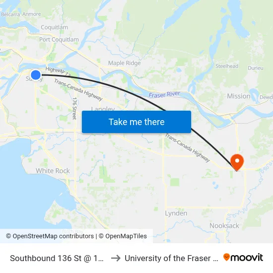 Southbound 136 St @ 111 Ave to University of the Fraser Valley map
