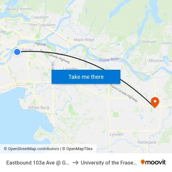 Eastbound 103a Ave @ Grace Rd to University of the Fraser Valley map