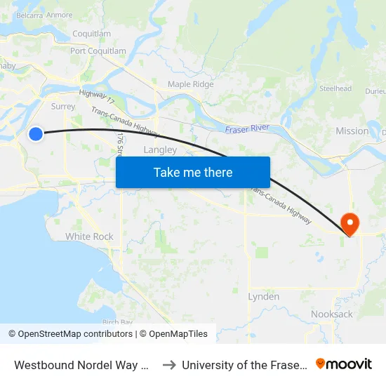 Westbound Nordel Way @ 116 St to University of the Fraser Valley map