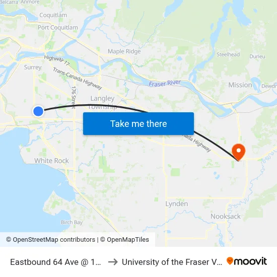 Eastbound 64 Ave @ 140 St to University of the Fraser Valley map