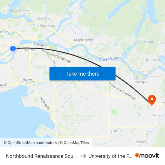 Northbound Renaissance Square @ Quayside Dr to University of the Fraser Valley map