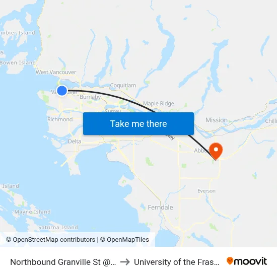 Northbound Granville St @ Drake St to University of the Fraser Valley map