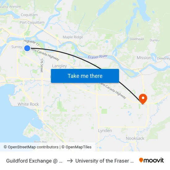 Guildford Exchange @ Bay 4 to University of the Fraser Valley map