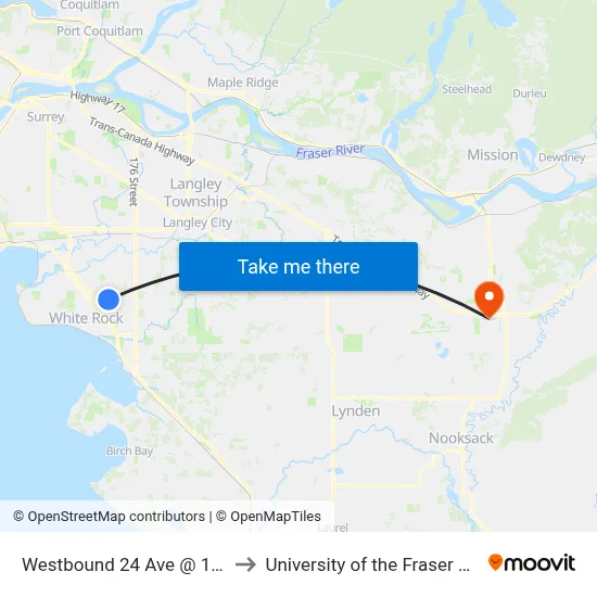 Westbound 24 Ave @ 164 St to University of the Fraser Valley map