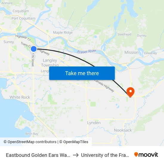 Eastbound Golden Ears Way @ 176 St to University of the Fraser Valley map