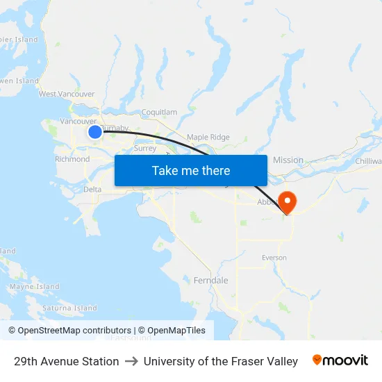 29th Avenue Station to University of the Fraser Valley map