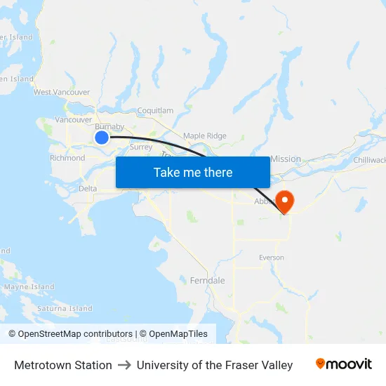 Metrotown Station to University of the Fraser Valley map