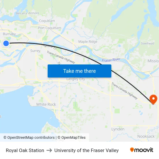 Royal Oak Station to University of the Fraser Valley map