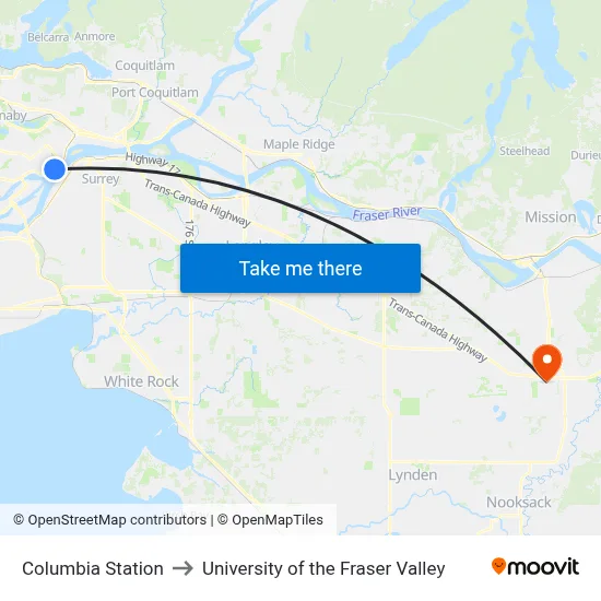 Columbia Station to University of the Fraser Valley map