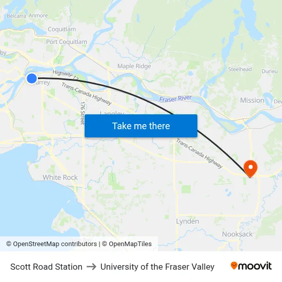 Scott Road Station to University of the Fraser Valley map