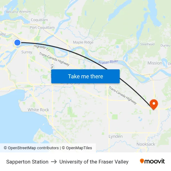 Sapperton Station to University of the Fraser Valley map