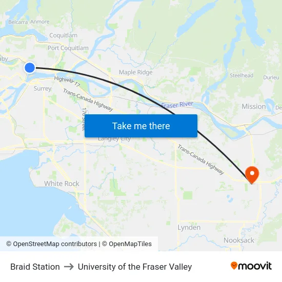 Braid Station to University of the Fraser Valley map