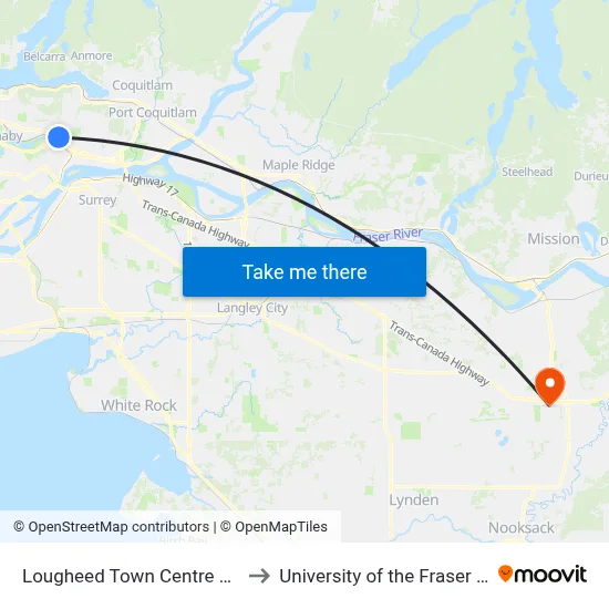 Lougheed Town Centre Station to University of the Fraser Valley map