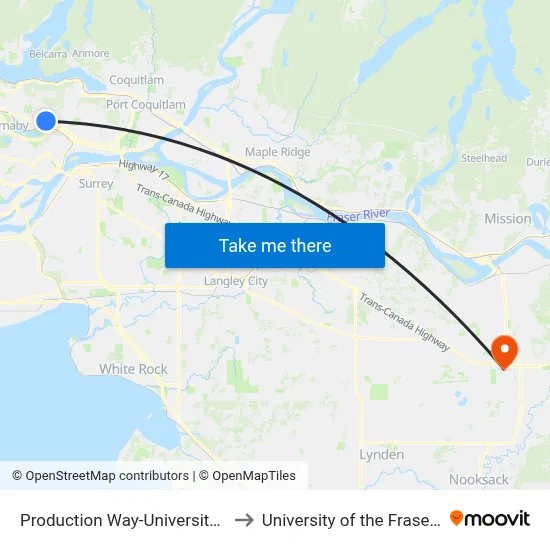 Production Way-University Station to University of the Fraser Valley map