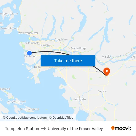 Templeton Station to University of the Fraser Valley map