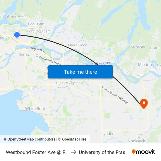 Westbound Foster Ave @ Fairview St to University of the Fraser Valley map