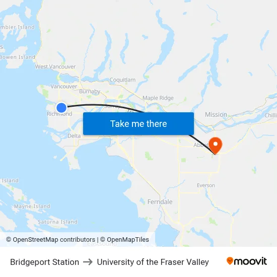 Bridgeport Station to University of the Fraser Valley map