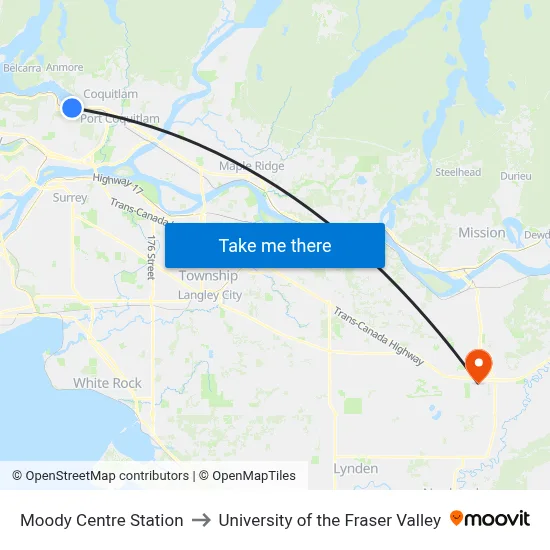 Moody Centre Station to University of the Fraser Valley map