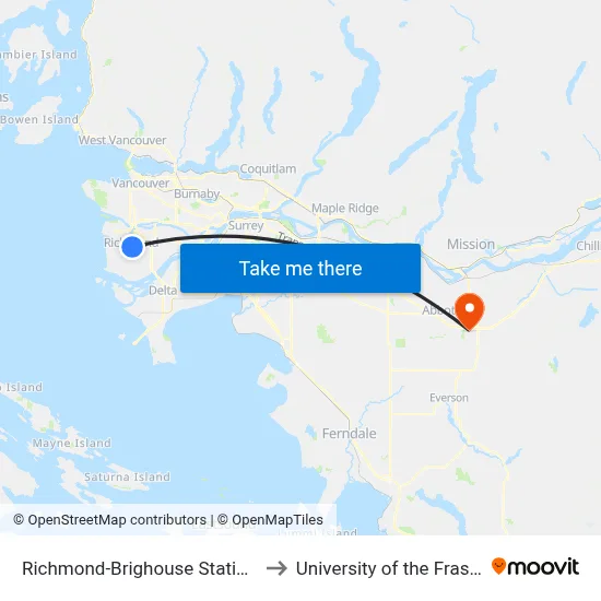 Richmond-Brighouse Station @ Bay 1 to University of the Fraser Valley map
