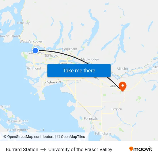 Burrard Station to University of the Fraser Valley map
