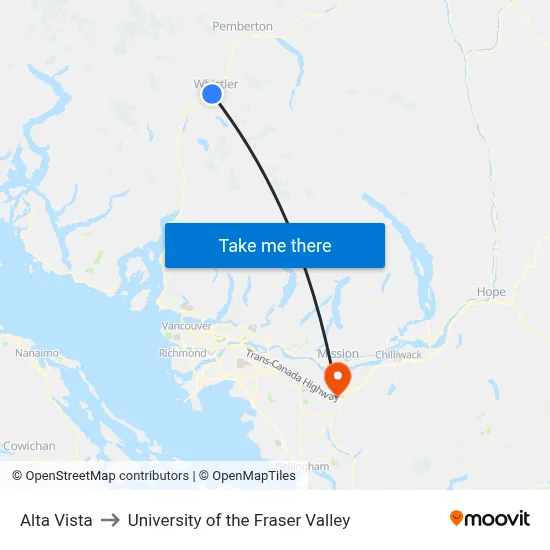 Alta Vista to University of the Fraser Valley map