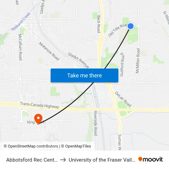 Abbotsford Rec Centre to University of the Fraser Valley map