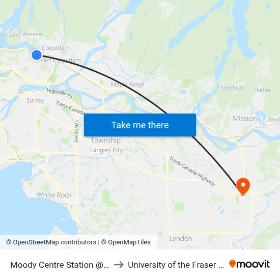 Moody Centre Station @ Bay 1 to University of the Fraser Valley map
