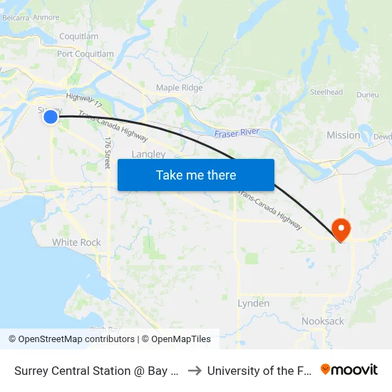 Surrey Central Station @ Bay 1 Unloading Only to University of the Fraser Valley map