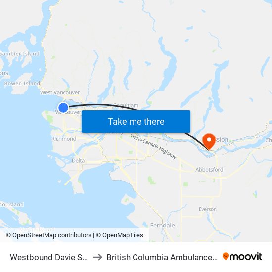 Westbound Davie St @ Denman St to British Columbia Ambulance Service Station 215 map