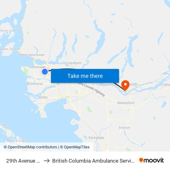 29th Avenue Station to British Columbia Ambulance Service Station 215 map