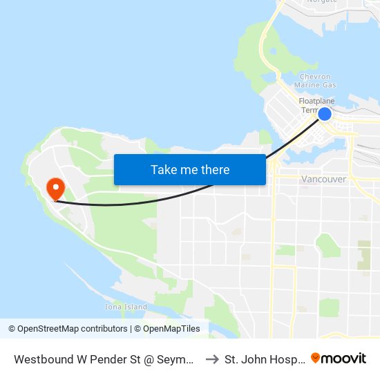 Westbound W Pender St @ Seymour St to St. John Hospice map