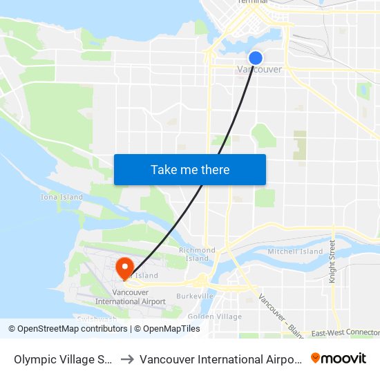 Olympic Village Station @ Bay 1 to Vancouver International Airport - Domestic Terminal map