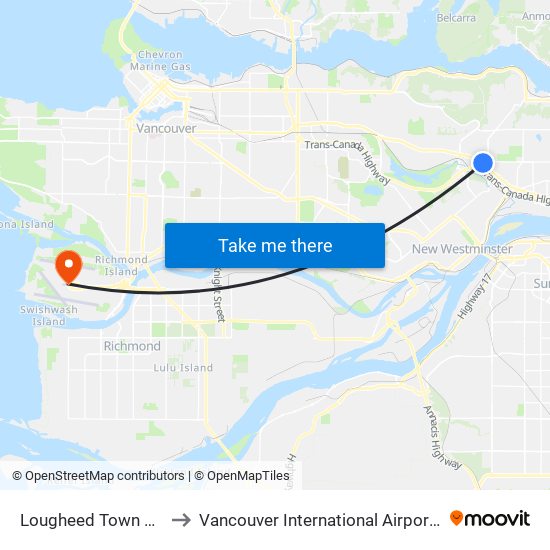 Lougheed Town Centre Station to Vancouver International Airport - Domestic Terminal map