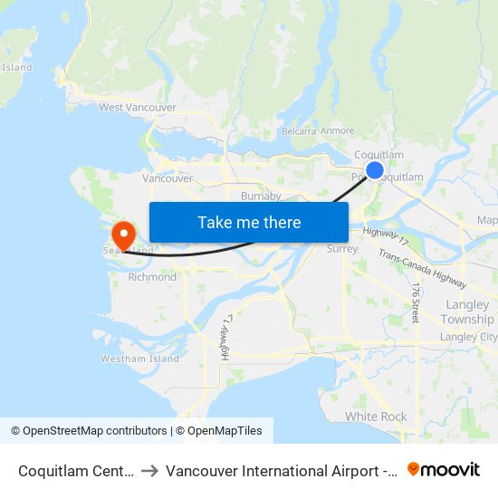 Coquitlam Central Station to Vancouver International Airport - Domestic Terminal map