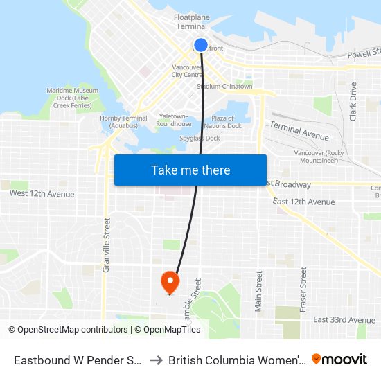 Eastbound W Pender St @ Granville St to British Columbia Women's Health Centre map