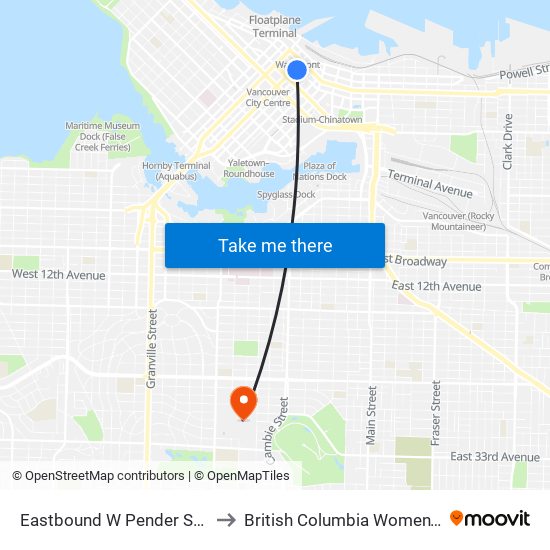 Eastbound W Pender St @ Seymour St to British Columbia Women's Health Centre map