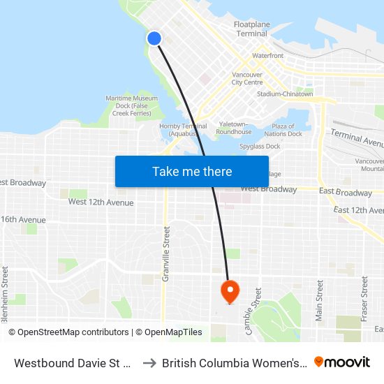 Westbound Davie St @ Denman St to British Columbia Women's Health Centre map