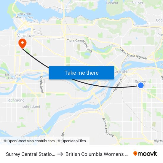 Surrey Central Station @ Bay 9 to British Columbia Women's Health Centre map