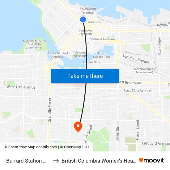 Burrard Station @ Bay 1 to British Columbia Women's Health Centre map