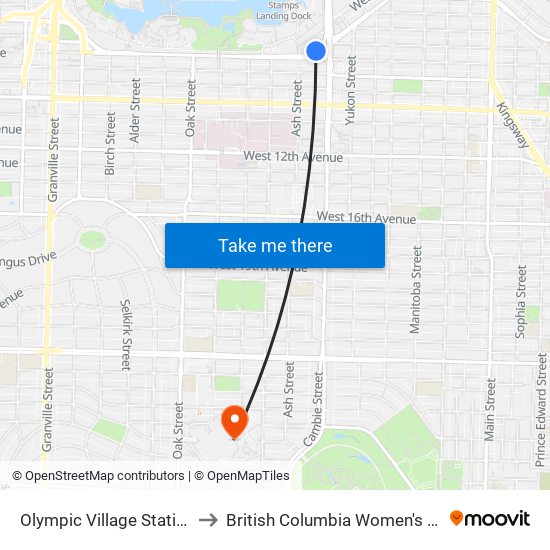 Olympic Village Station @ Bay 1 to British Columbia Women's Health Centre map