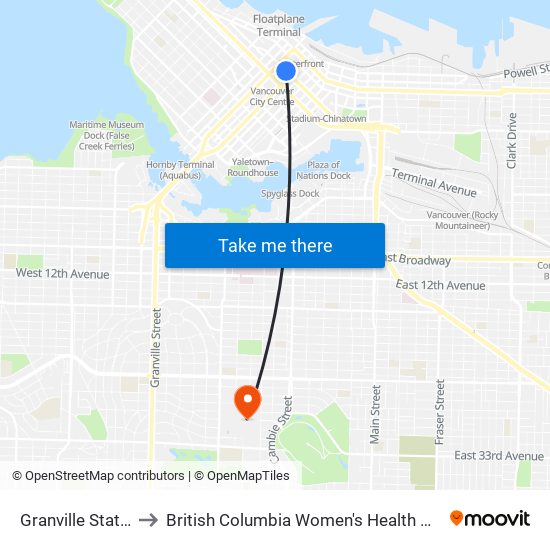 Granville Station to British Columbia Women's Health Centre map