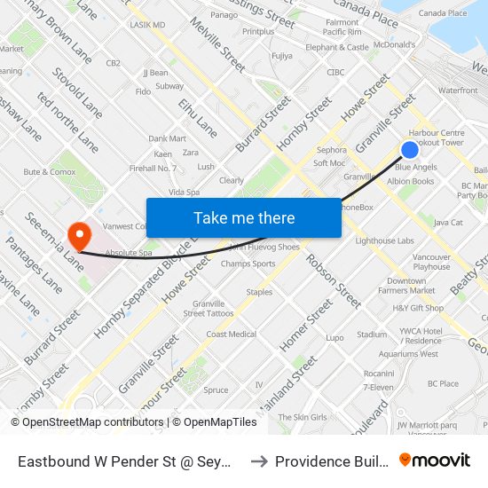 Eastbound W Pender St @ Seymour St to Providence Building map