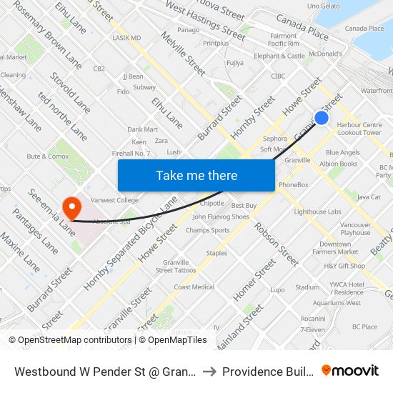 Westbound W Pender St @ Granville St to Providence Building map