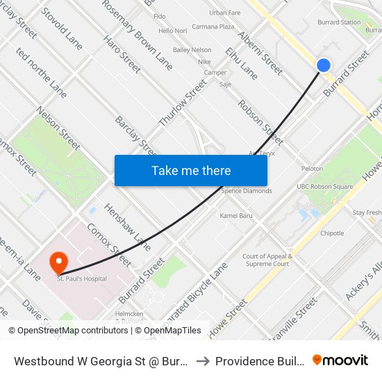 Westbound W Georgia St @ Burrard St to Providence Building map
