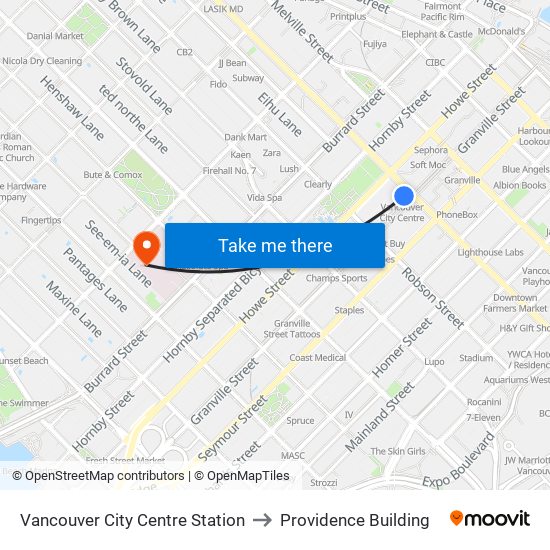 Vancouver City Centre Station to Providence Building map