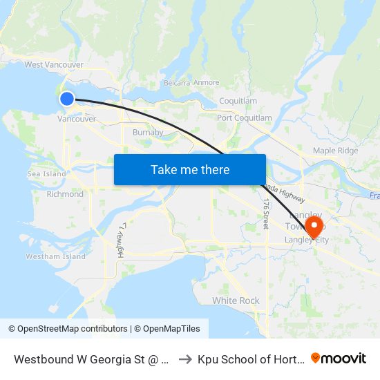 Westbound W Georgia St @ Denman St to Kpu School of Horticulture map