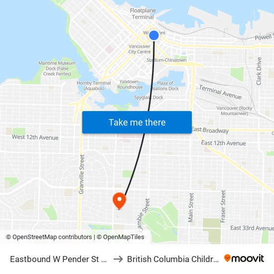 Eastbound W Pender St @ Seymour St to British Columbia Children's Hospital map