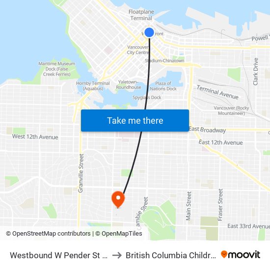 Westbound W Pender St @ Granville St to British Columbia Children's Hospital map