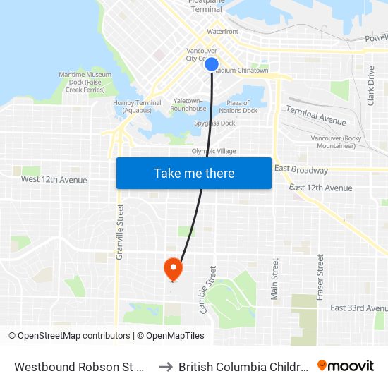 Westbound Robson St @ Hamilton St to British Columbia Children's Hospital map