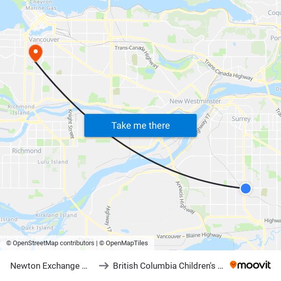 Newton Exchange @ Bay 4 to British Columbia Children's Hospital map